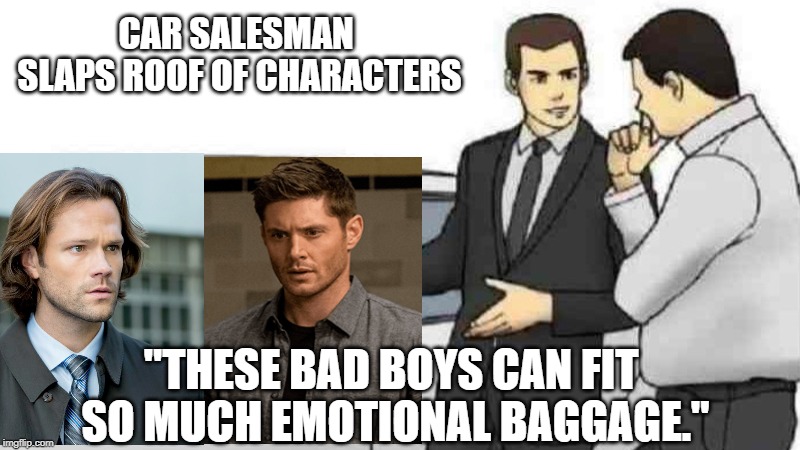 Car Salesman Slaps Roof Of Car | CAR SALESMAN SLAPS ROOF OF CHARACTERS; "THESE BAD BOYS CAN FIT SO MUCH EMOTIONAL BAGGAGE." | image tagged in memes,car salesman slaps roof of car | made w/ Imgflip meme maker