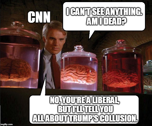 The man with two brains | I CAN'T SEE ANYTHING.      AM I DEAD? CNN; NO, YOU'RE A LIBERAL, BUT I'LL TELL YOU ALL ABOUT TRUMP'S COLLUSION. | image tagged in cnn,fake news,liberals | made w/ Imgflip meme maker