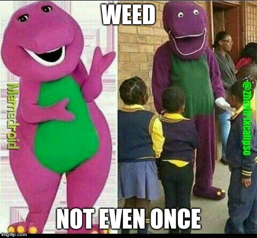 WEED; NOT EVEN ONCE | image tagged in barney memes,memes | made w/ Imgflip meme maker
