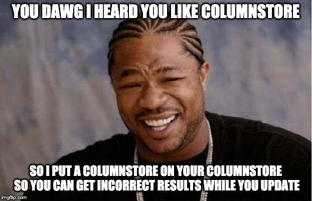 Yo Dawg Heard You Meme | YOU DAWG I HEARD YOU LIKE COLUMNSTORE; SO I PUT A COLUMNSTORE ON YOUR COLUMNSTORE SO YOU CAN GET INCORRECT RESULTS WHILE YOU UPDATE | image tagged in memes,yo dawg heard you | made w/ Imgflip meme maker