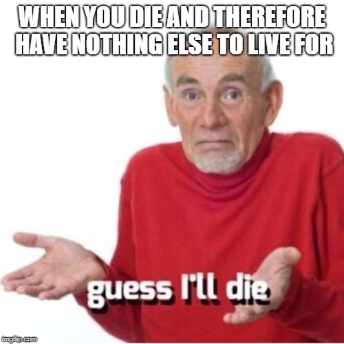 idk | WHEN YOU DIE AND THEREFORE HAVE NOTHING ELSE TO LIVE FOR | image tagged in guess i'll die | made w/ Imgflip meme maker