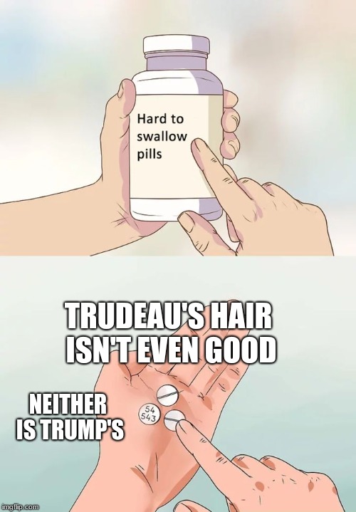 Hard to Swallow | TRUDEAU'S HAIR ISN'T EVEN GOOD; NEITHER IS TRUMP'S | image tagged in memes,hard to swallow pills | made w/ Imgflip meme maker