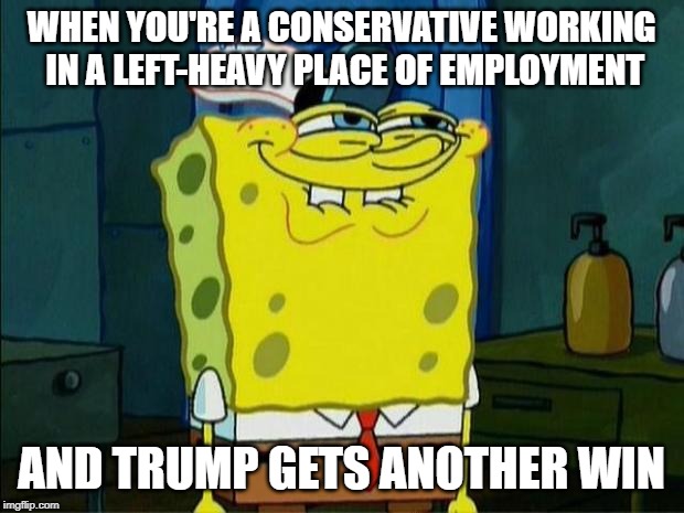 Work in a Uni + Mueller/Avanetti = feels like 2016 all over again | WHEN YOU'RE A CONSERVATIVE WORKING IN A LEFT-HEAVY PLACE OF EMPLOYMENT; AND TRUMP GETS ANOTHER WIN | image tagged in don't you squidward,avanetti,mueller,trump | made w/ Imgflip meme maker