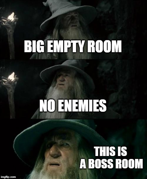 Confused Gandalf Meme | BIG EMPTY ROOM; NO ENEMIES; THIS IS A BOSS ROOM | image tagged in memes,confused gandalf | made w/ Imgflip meme maker