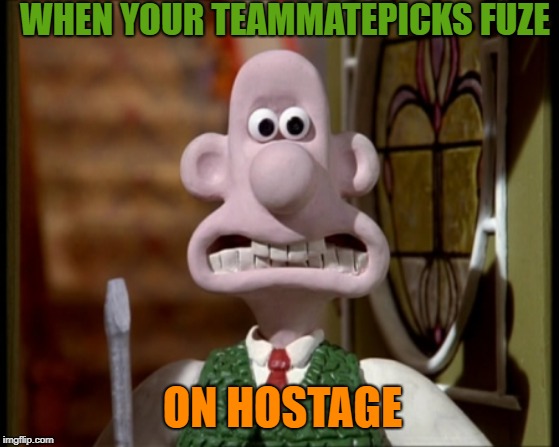 Wallace Is Displeased |  WHEN YOUR TEAMMATEPICKS FUZE; ON HOSTAGE | image tagged in wallace is displeased | made w/ Imgflip meme maker