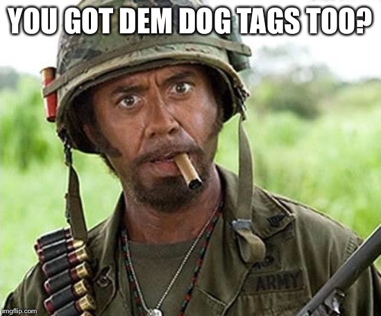 Robert Downey Jr Tropic Thunder | YOU GOT DEM DOG TAGS TOO? | image tagged in robert downey jr tropic thunder | made w/ Imgflip meme maker