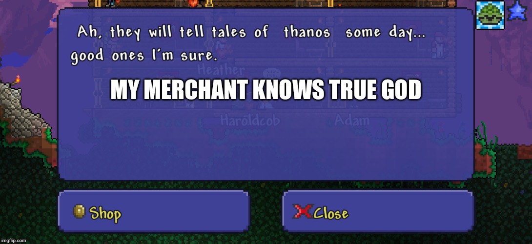 MY MERCHANT KNOWS TRUE GOD | image tagged in terraria,thanos | made w/ Imgflip meme maker