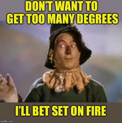 Scarecrow | DON’T WANT TO GET TOO MANY DEGREES I’LL BET SET ON FIRE | image tagged in scarecrow | made w/ Imgflip meme maker