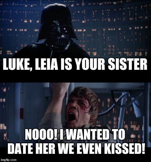 Star Wars No Meme | LUKE, LEIA IS YOUR SISTER; NOOO! I WANTED TO DATE HER WE EVEN KISSED! | image tagged in memes,star wars no | made w/ Imgflip meme maker