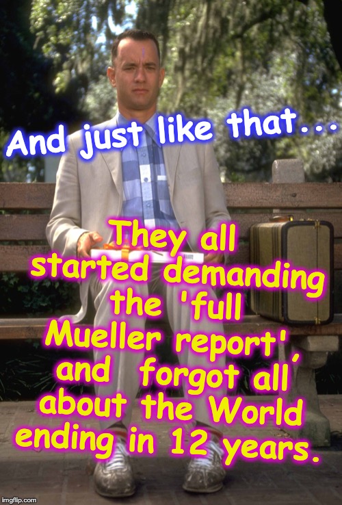 Seriously, wouldn't the World ending take full priority for the next 12 yrs? | They all started demanding the 'full Mueller report', and  forgot all about the World ending in 12 years. And just like that... | image tagged in forrest gump | made w/ Imgflip meme maker