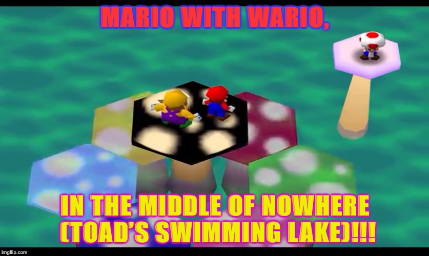 MARIO WITH WARIO, IN THE MIDDLE OF NOWHERE (TOAD’S SWIMMING LAKE)!!! | image tagged in the two teamup | made w/ Imgflip meme maker