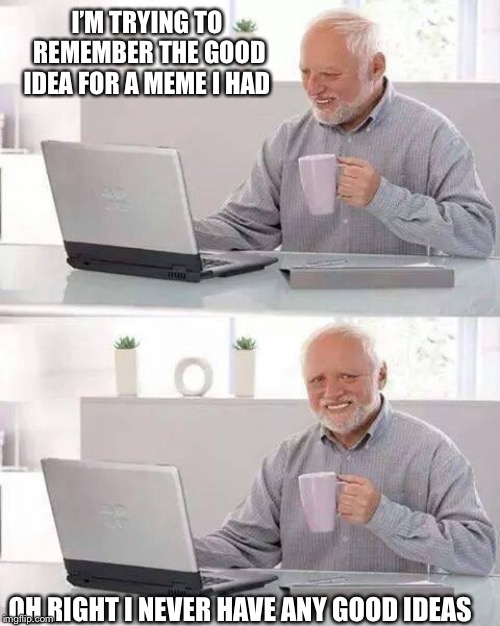 Hide the Pain Harold Meme | I’M TRYING TO REMEMBER THE GOOD IDEA FOR A MEME I HAD; OH RIGHT I NEVER HAVE ANY GOOD IDEAS | image tagged in memes,hide the pain harold | made w/ Imgflip meme maker