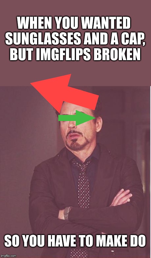 Bug Alert | WHEN YOU WANTED SUNGLASSES AND A CAP, BUT IMGFLIPS BROKEN; SO YOU HAVE TO MAKE DO | image tagged in memes,face you make robert downey jr,imgflip,bugs,sunglasses,not today | made w/ Imgflip meme maker