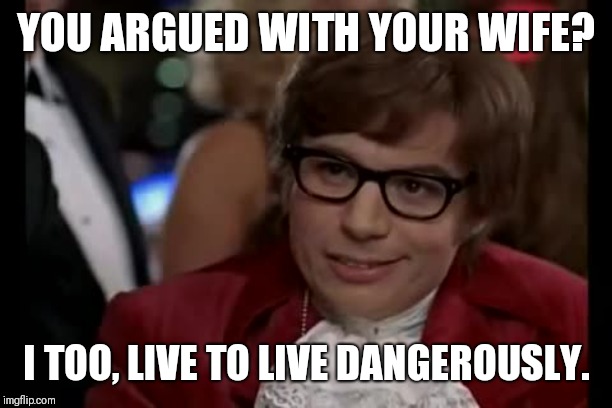 I Too Like To Live Dangerously Meme | YOU ARGUED WITH YOUR WIFE? I TOO, LIVE TO LIVE DANGEROUSLY. | image tagged in memes,i too like to live dangerously | made w/ Imgflip meme maker