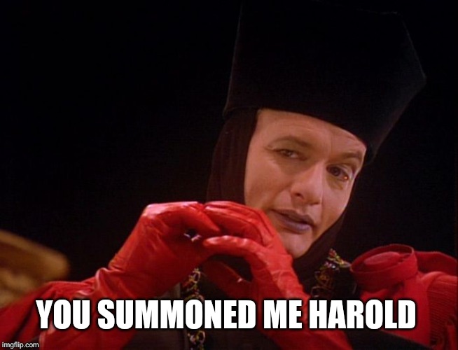 Star Trek Q John Delancie  | YOU SUMMONED ME HAROLD | image tagged in star trek q john delancie | made w/ Imgflip meme maker