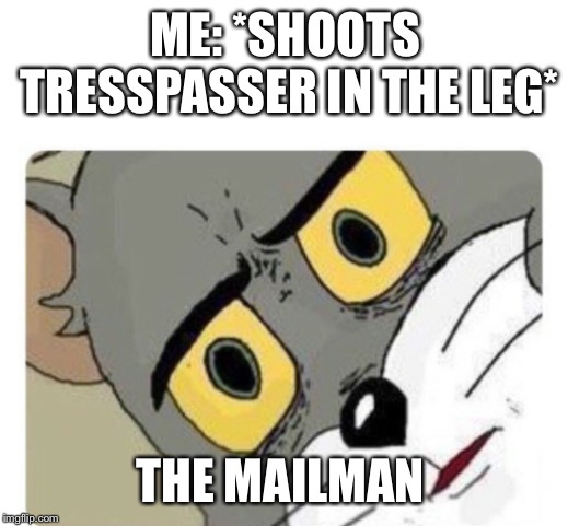 Shocked Tom | ME: *SHOOTS TRESSPASSER IN THE LEG*; THE MAILMAN | image tagged in shocked tom | made w/ Imgflip meme maker
