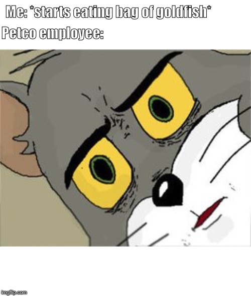 Unsettled Tom | Me: *starts eating bag of goldfish*; Petco employee: | image tagged in unsettled tom | made w/ Imgflip meme maker