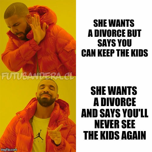 Drake Hotline Bling Meme | SHE WANTS A DIVORCE BUT SAYS YOU CAN KEEP THE KIDS SHE WANTS A DIVORCE AND SAYS YOU'LL NEVER SEE THE KIDS AGAIN | image tagged in drake | made w/ Imgflip meme maker