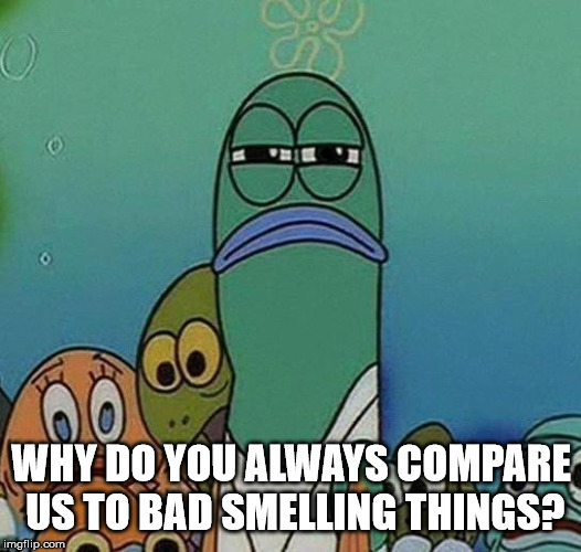 Are fish really that bad? | WHY DO YOU ALWAYS COMPARE US TO BAD SMELLING THINGS? | image tagged in spongebob | made w/ Imgflip meme maker