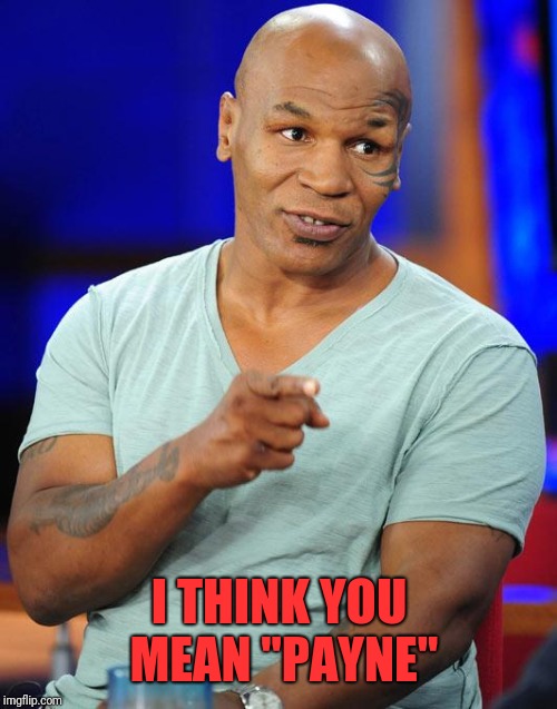 mike tyson | I THINK YOU MEAN "PAYNE" | image tagged in mike tyson | made w/ Imgflip meme maker