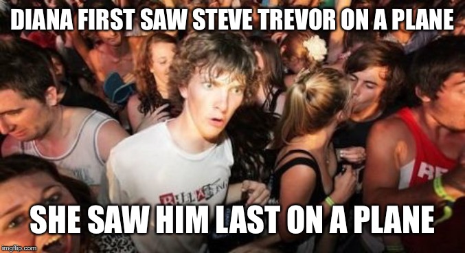 Sudden Clarity Clarence | DIANA FIRST SAW STEVE TREVOR ON A PLANE; SHE SAW HIM LAST ON A PLANE | image tagged in memes,sudden clarity clarence | made w/ Imgflip meme maker