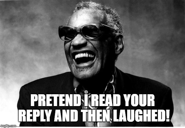Ray Charles | PRETEND I READ YOUR REPLY AND THEN LAUGHED! | image tagged in ray charles | made w/ Imgflip meme maker