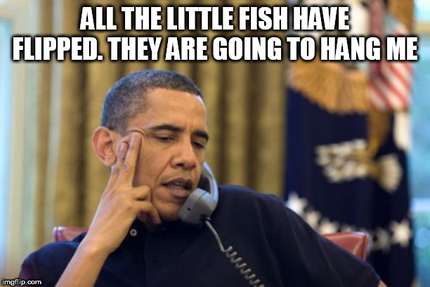 No I Can't Obama Meme | ALL THE LITTLE FISH HAVE FLIPPED. THEY ARE GOING TO HANG ME | image tagged in memes,no i cant obama | made w/ Imgflip meme maker