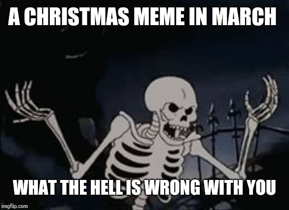 What the hell skeleton | A CHRISTMAS MEME IN MARCH WHAT THE HELL IS WRONG WITH YOU | image tagged in what the hell skeleton | made w/ Imgflip meme maker