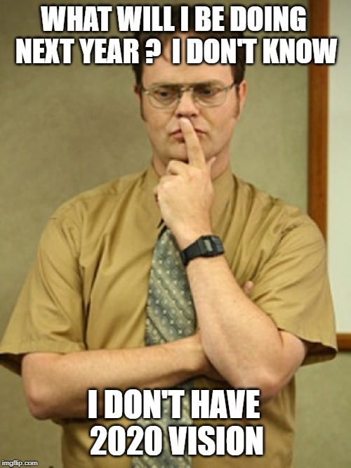 dwight schrute thought | WHAT WILL I BE DOING NEXT YEAR ?  I DON'T KNOW; I DON'T HAVE 2020 VISION | image tagged in dwight schrute thought | made w/ Imgflip meme maker