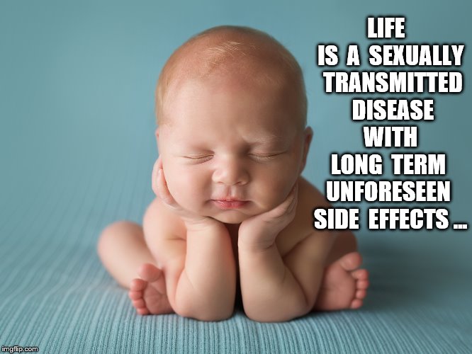 Life  is  an  STD | LIFE  IS  A  SEXUALLY  TRANSMITTED  DISEASE  WITH  LONG  TERM  UNFORESEEN  SIDE  EFFECTS ... | image tagged in life,std,smart baby,baby meme,funny baby,philosophy | made w/ Imgflip meme maker