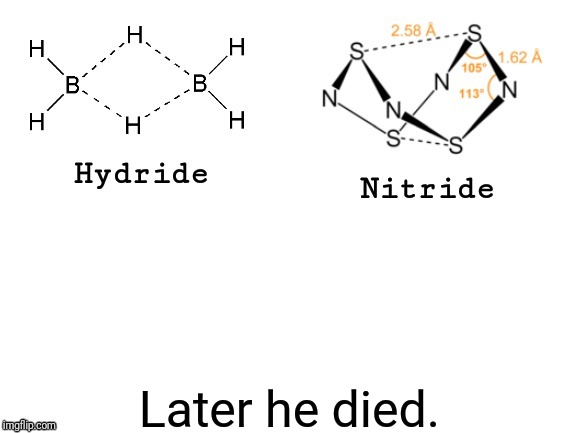 Hydride, Nitride, | Later he died. | image tagged in hydride nitride | made w/ Imgflip meme maker