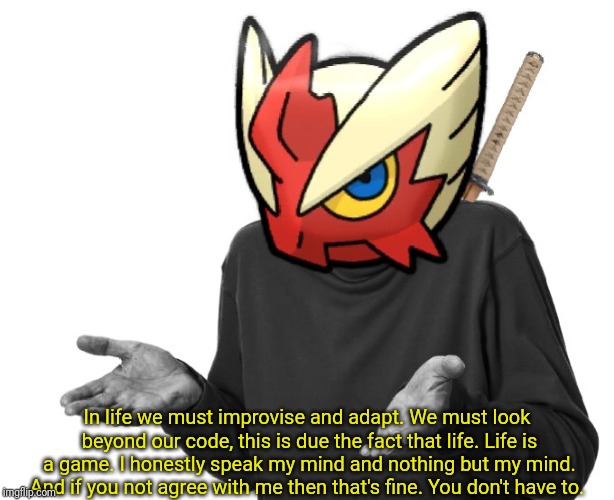 I guess I'll (Blaze the Blaziken) | In life we must improvise and adapt. We must look beyond our code, this is due the fact that life. Life is a game. I honestly speak my mind  | image tagged in i guess i'll blaze the blaziken | made w/ Imgflip meme maker