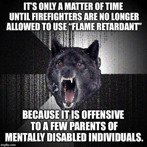 Firefighters have to be careful to not start fires in PC land | IT’S ONLY A MATTER OF TIME UNTIL FIREFIGHTERS ARE NO LONGER ALLOWED TO USE “FLAME RETARDANT”; BECAUSE IT IS OFFENSIVE TO A FEW PARENTS OF MENTALLY DISABLED INDIVIDUALS. | image tagged in memes,insanity wolf,retard,fire,offend,words | made w/ Imgflip meme maker
