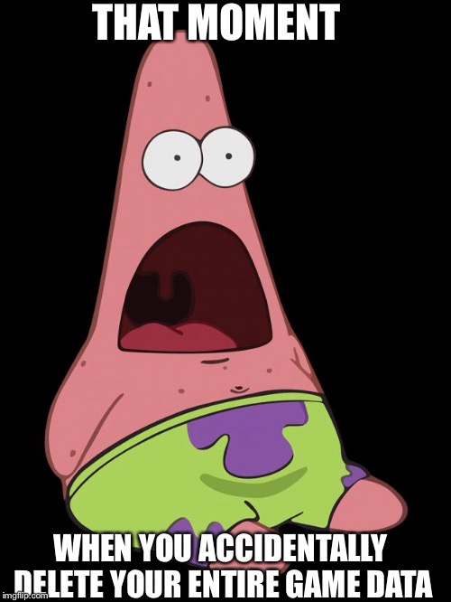 Shocked Patrick | THAT MOMENT; WHEN YOU ACCIDENTALLY DELETE YOUR ENTIRE GAME DATA | image tagged in shocked patrick | made w/ Imgflip meme maker