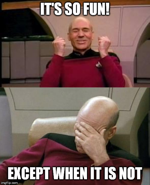 IT'S SO FUN! EXCEPT WHEN IT IS NOT | image tagged in memes,captain picard facepalm,happy picard | made w/ Imgflip meme maker