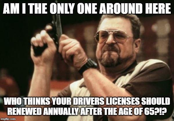 Am I The Only One Around Here | AM I THE ONLY ONE AROUND HERE; WHO THINKS YOUR DRIVERS LICENSES SHOULD RENEWED ANNUALLY AFTER THE AGE OF 65?!? | image tagged in memes,am i the only one around here,AdviceAnimals | made w/ Imgflip meme maker