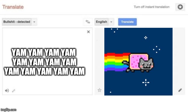 google translate | YAM YAM YAM YAM YAM YAM YAM YAM YAM YAM YAM YAM YAM | image tagged in google translate | made w/ Imgflip meme maker