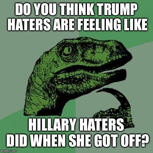 Philosoraptor | DO YOU THINK TRUMP HATERS ARE FEELING LIKE; HILLARY HATERS DID WHEN SHE GOT OFF? | image tagged in memes,philosoraptor | made w/ Imgflip meme maker