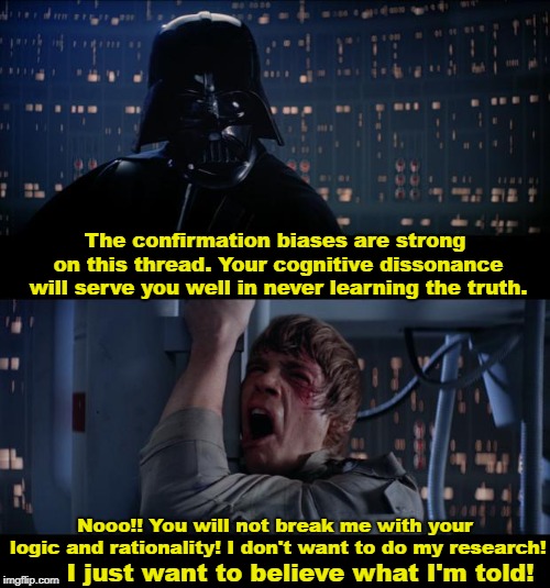 Star Wars | The confirmation biases are strong on this thread. Your cognitive dissonance will serve you well in never learning the truth. Nooo!! You will not break me with your logic and rationality! I don't want to do my research! I just want to believe what I'm told! | image tagged in star wars | made w/ Imgflip meme maker