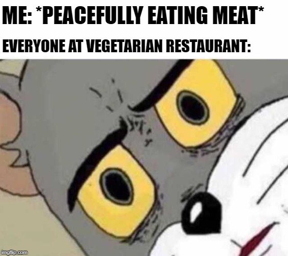Best place to eat chicken | ME: *PEACEFULLY EATING MEAT*; EVERYONE AT VEGETARIAN RESTAURANT: | image tagged in unsettled tom,funny,vegetarian,memes,meat,tom and jerry | made w/ Imgflip meme maker