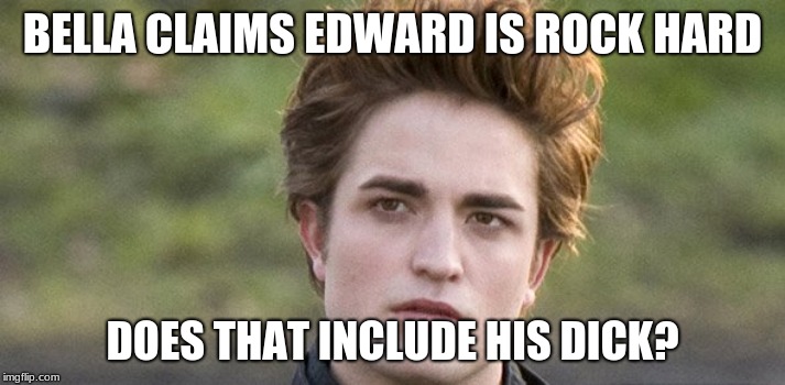 wow
 | BELLA CLAIMS EDWARD IS ROCK HARD; DOES THAT INCLUDE HIS DICK? | image tagged in funny | made w/ Imgflip meme maker