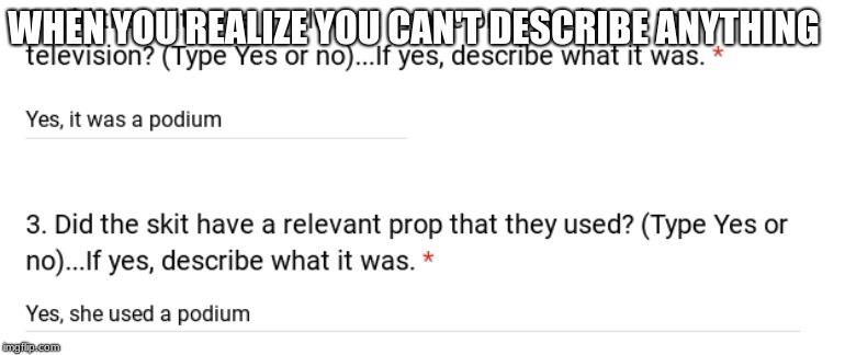 WHEN YOU REALIZE YOU CAN'T DESCRIBE ANYTHING | image tagged in memes | made w/ Imgflip meme maker