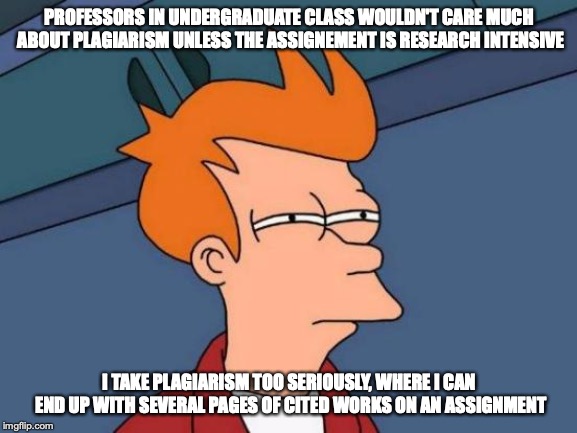 My View on Plagiarism | PROFESSORS IN UNDERGRADUATE CLASS WOULDN'T CARE MUCH ABOUT PLAGIARISM UNLESS THE ASSIGNEMENT IS RESEARCH INTENSIVE; I TAKE PLAGIARISM TOO SERIOUSLY, WHERE I CAN END UP WITH SEVERAL PAGES OF CITED WORKS ON AN ASSIGNMENT | image tagged in memes,futurama fry,plagiarism,college | made w/ Imgflip meme maker