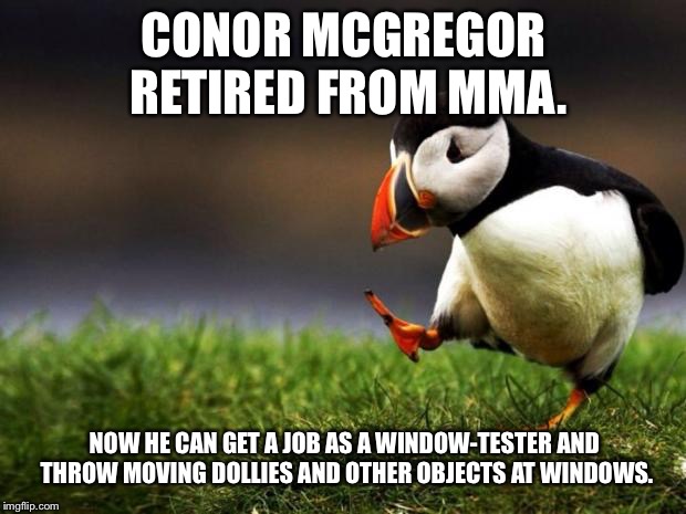 Conor McGregor can work at Window World or Camping World | CONOR MCGREGOR RETIRED FROM MMA. NOW HE CAN GET A JOB AS A WINDOW-TESTER AND THROW MOVING DOLLIES AND OTHER OBJECTS AT WINDOWS. | image tagged in memes,unpopular opinion puffin,conor mcgregor,bus,window,throwing | made w/ Imgflip meme maker