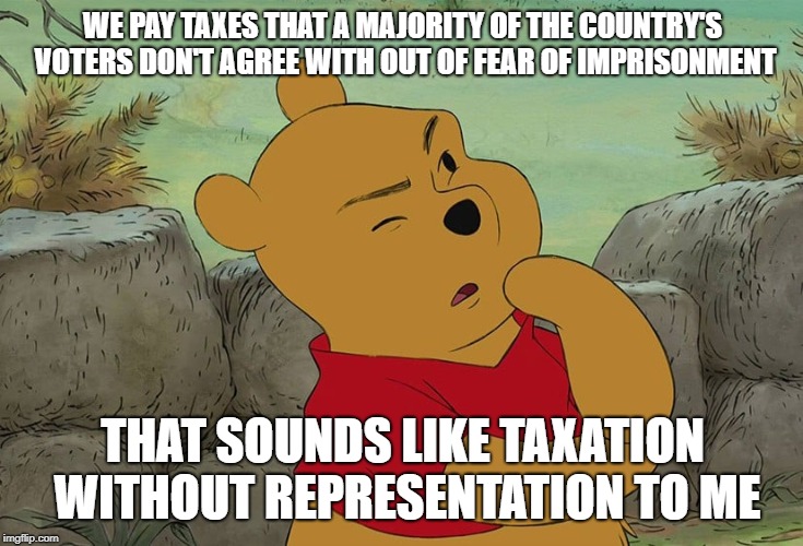 Libertarian Pooh understands taxes | WE PAY TAXES THAT A MAJORITY OF THE COUNTRY'S VOTERS DON'T AGREE WITH OUT OF FEAR OF IMPRISONMENT; THAT SOUNDS LIKE TAXATION WITHOUT REPRESENTATION TO ME | image tagged in winnie the pooh,libertarian,memes,taxes,freedom | made w/ Imgflip meme maker