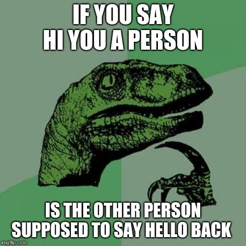 Philosoraptor Meme | IF YOU SAY HI YOU A PERSON; IS THE OTHER PERSON SUPPOSED TO SAY HELLO BACK | image tagged in memes,philosoraptor | made w/ Imgflip meme maker