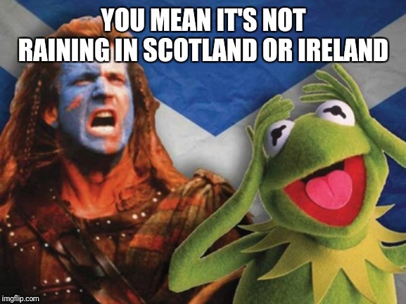 Kermit/Braveheart in Scotland | YOU MEAN IT'S NOT RAINING IN SCOTLAND OR IRELAND | image tagged in kermit/braveheart in scotland | made w/ Imgflip meme maker