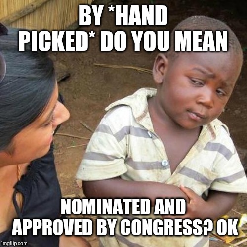 Third World Skeptical Kid Meme | BY *HAND PICKED* DO YOU MEAN; NOMINATED AND APPROVED BY CONGRESS? OK | image tagged in memes,third world skeptical kid | made w/ Imgflip meme maker