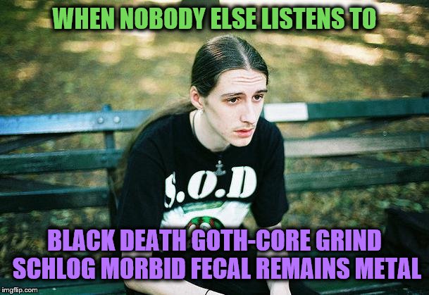 First World Metal Problems | WHEN NOBODY ELSE LISTENS TO BLACK DEATH GOTH-CORE GRIND SCHLOG MORBID FECAL REMAINS METAL | image tagged in first world metal problems | made w/ Imgflip meme maker