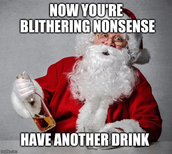 drunk santa | NOW YOU'RE BLITHERING NONSENSE HAVE ANOTHER DRINK | image tagged in drunk santa | made w/ Imgflip meme maker